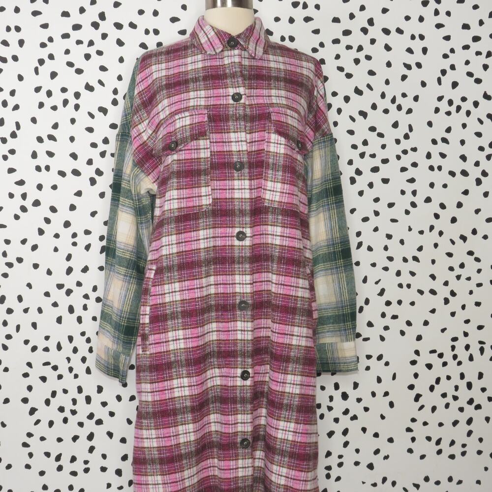 Nasty Gal Pink Plaid Print Longline Button Down  Shacket - Picture 5 of 10